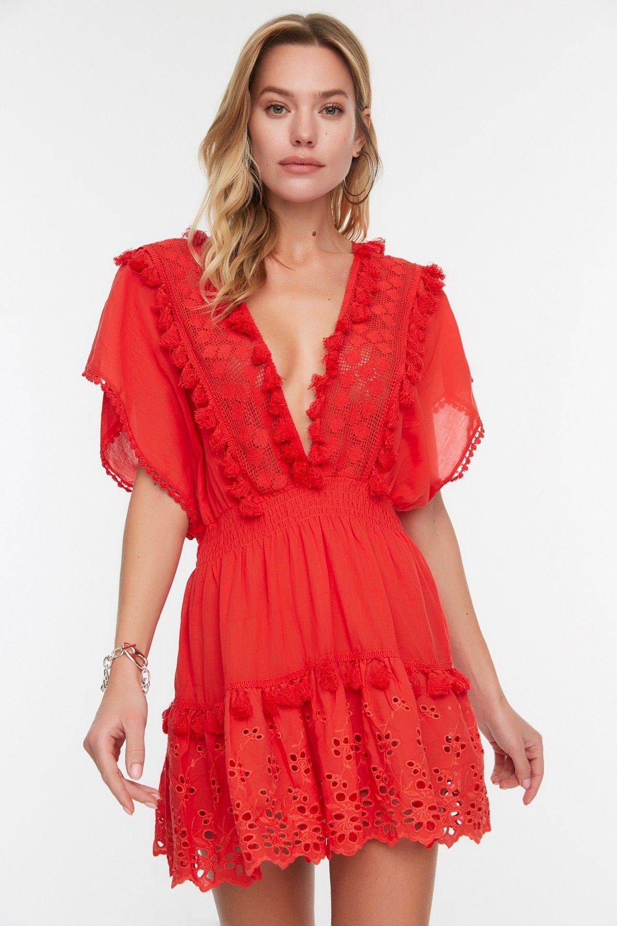 Red Mini Woven Embroidered 100% Cotton Beach Dress Flip Red Mini Woven Embroidered 100% Cotton Beach Dress Flip