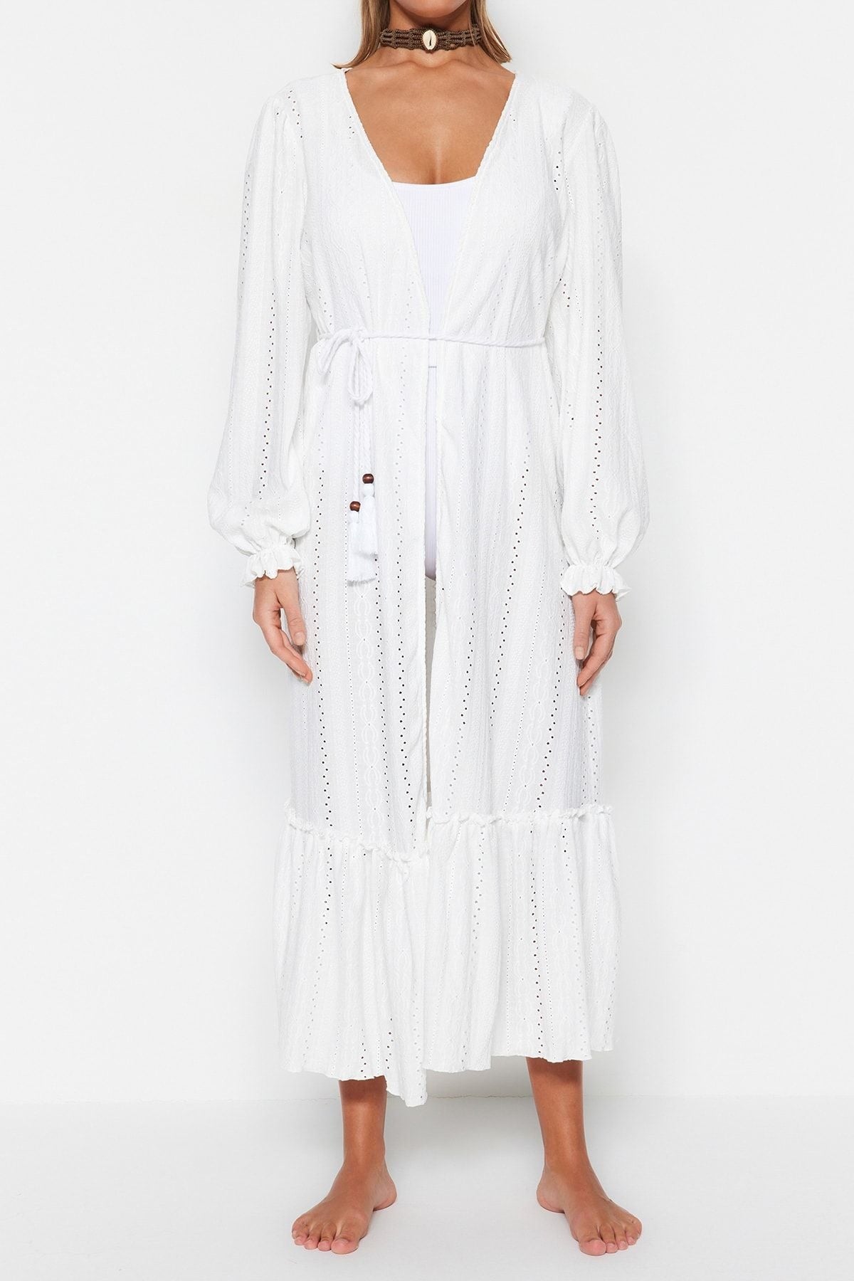 White Belted Maxi Knitted Balloon Sleeve Kimono & Kaftan