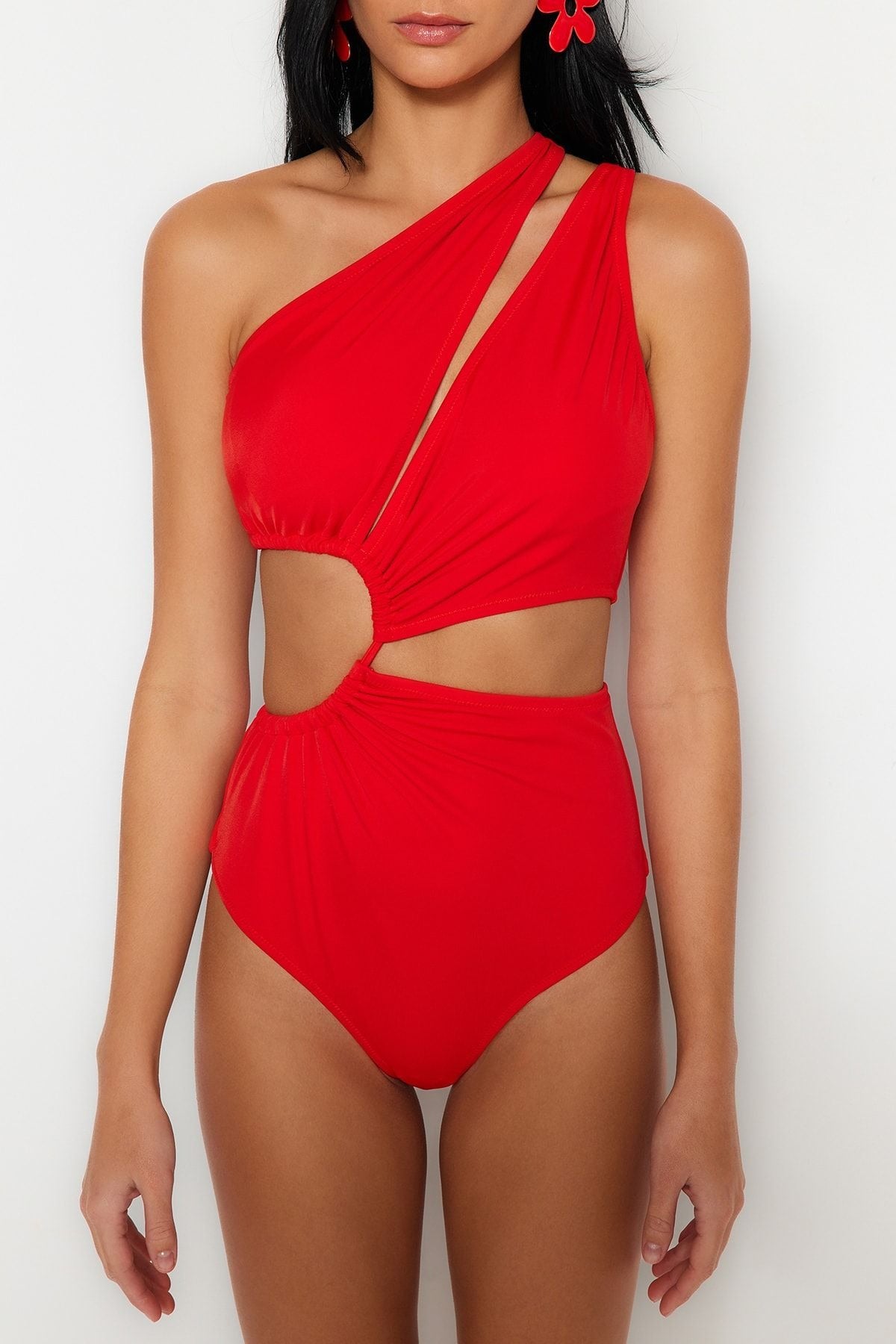 Red One Shoulder Cut Out/Windowed Swimsuit