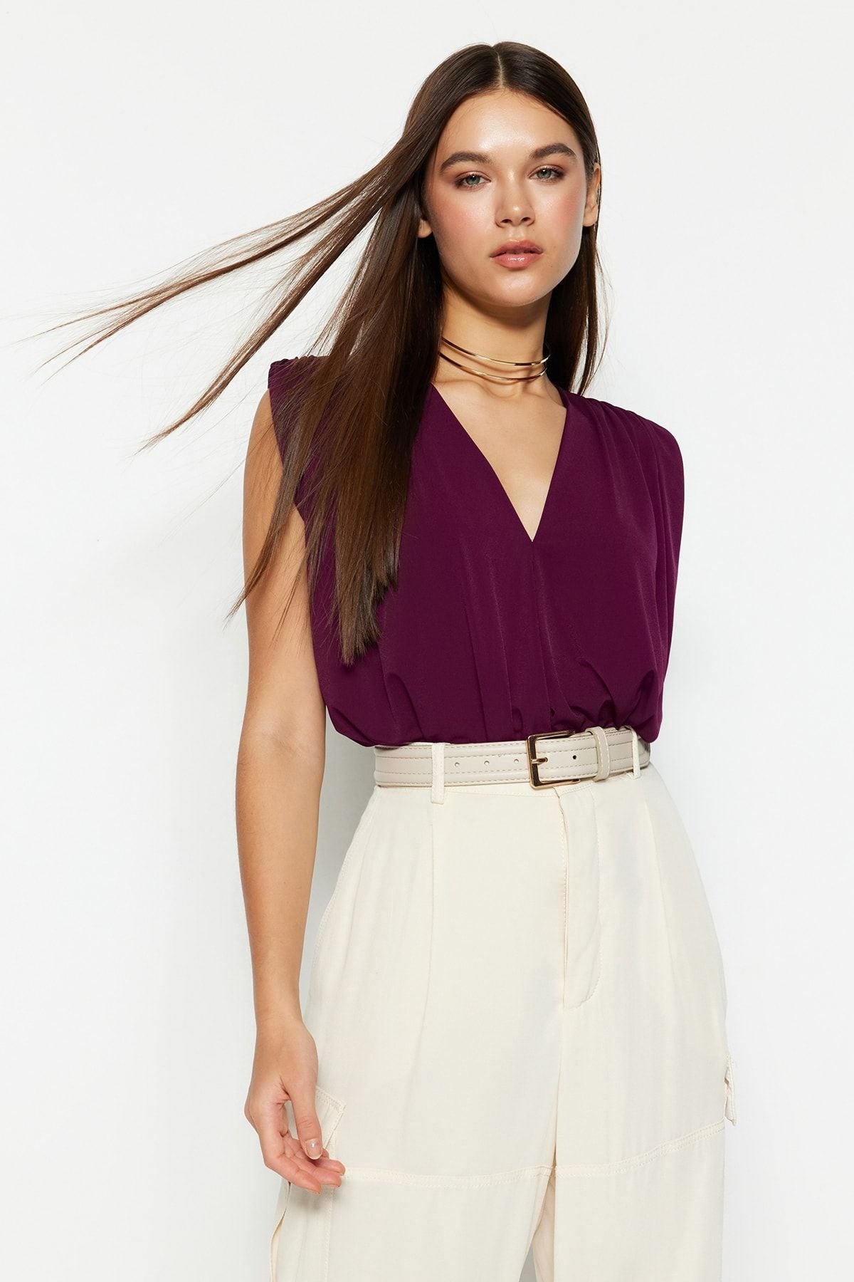 Plum Padded Double Breasted Collar Flexible Snap Fastener Knitted Body