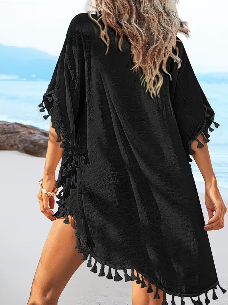 Women'S Spring Summer Reversible Lace Patchwork Round Neck Batwing Short Sleeve Tassel Hem Beach Vacation Cover-Up Sunscreen Shirt