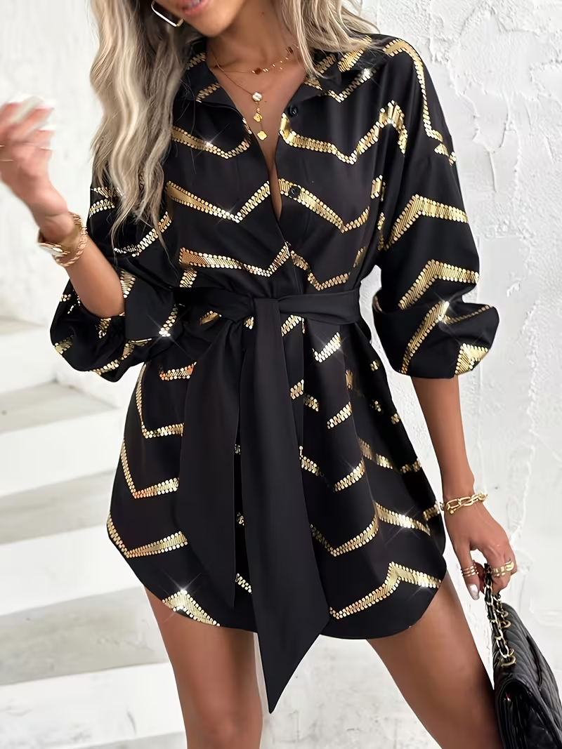 New Women's Elegant A-Line Shirt Dress with Adjustable Waist Tie Belt - Black & Golden Striped