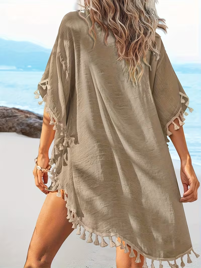 Women'S Spring Summer Reversible Lace Patchwork Round Neck Batwing Short Sleeve Tassel Hem Beach Vacation Cover-Up Sunscreen Shirt