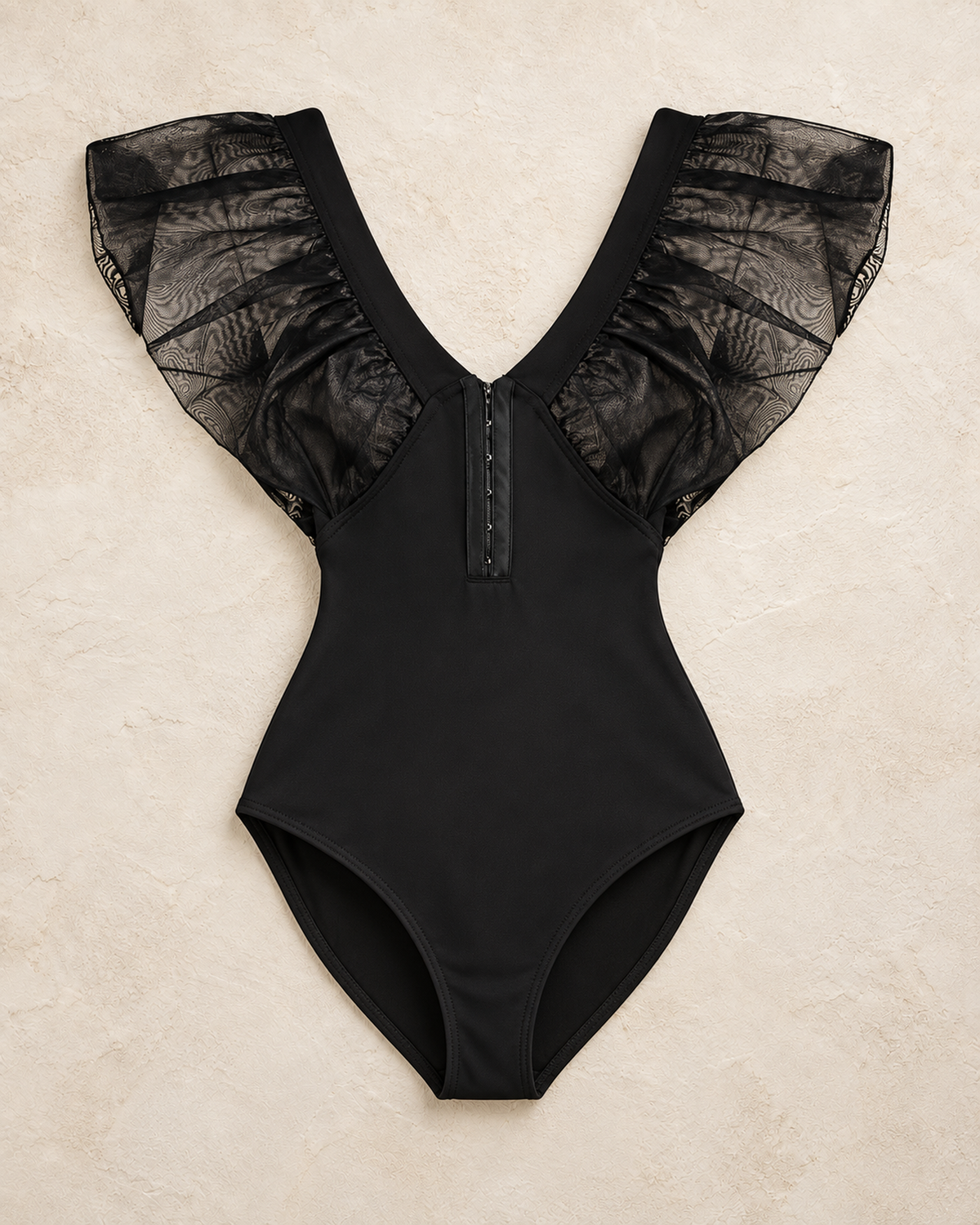 Black Woven Garnish Attached Flexible Knitted Bodysuit