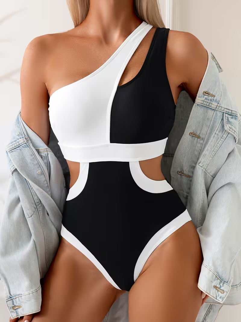 5SS Summer Trend Women'S One-Piece Jumpsuit Black And White Color-Blocking Off-Shoulder Asymmetrical Hollow-Out Irregular Fashion Casual Vacation Swimwear