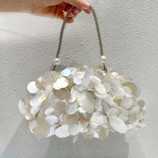 1 Elegant Simulated Shell Sequin Women'S Handbag, Luxurious Pearl Crystal Handle