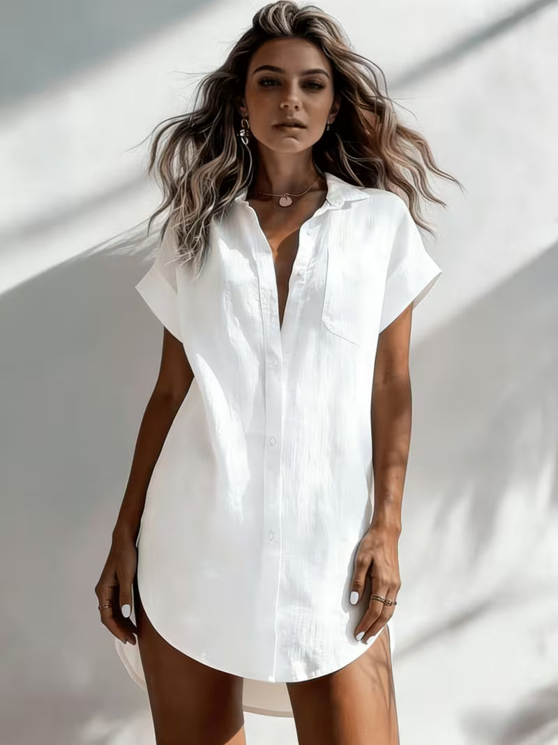 Women's Solid Color Short Sleeve Shirt, Casual Mid-Length Cardigan with Lapels, Loose Fit