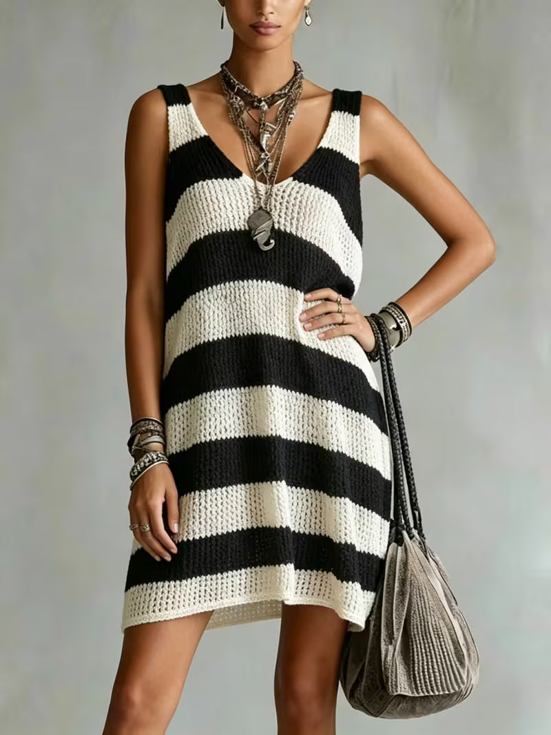 Women'S V-Neck Sleeveless Striped Hollow Short Dress - Sheer Breathable Loose Fit Summer Beach Vacation Casual Dress