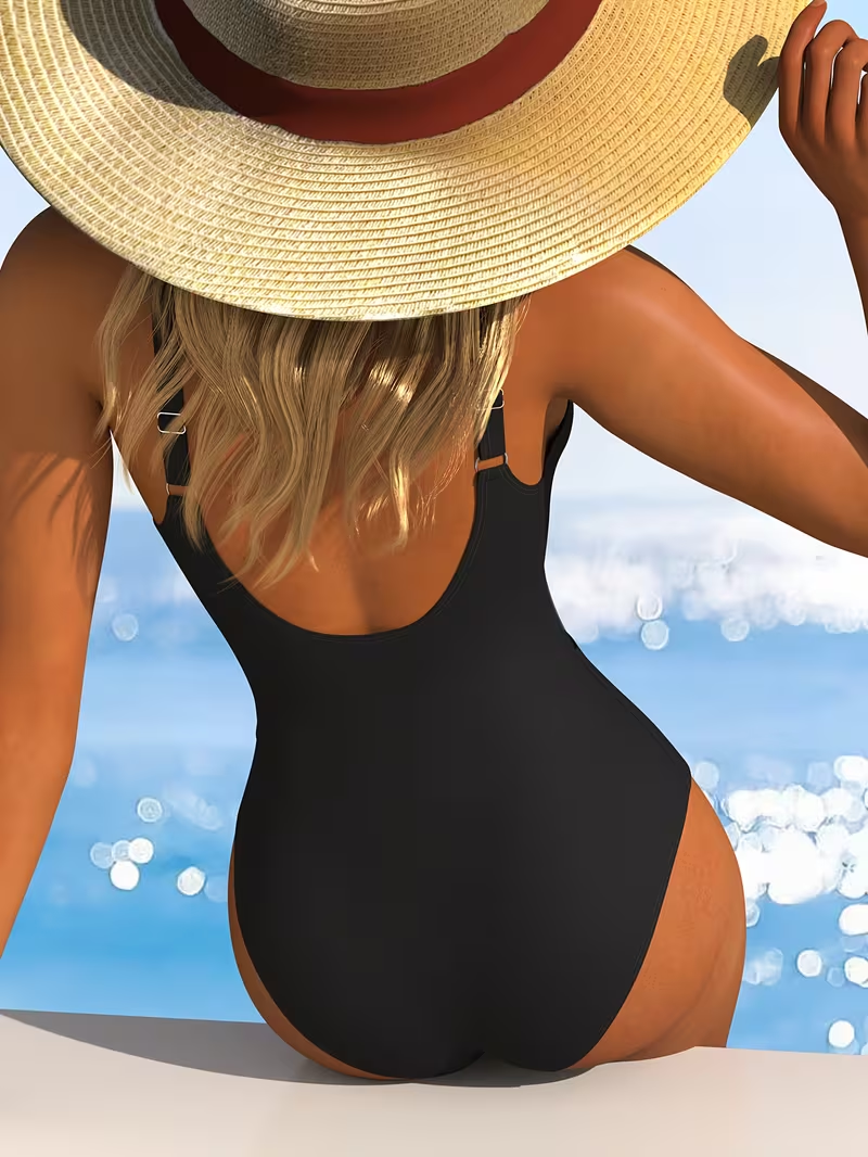 Black One-Piece Swimsuit Mesh Splicing Adjustable Shoulder Straps Women'S Swimwear