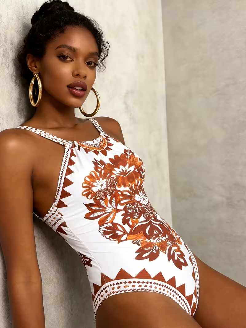 French-Style Vintage Print 1pc Swimsuit for Beach Vacations with a High-End Feel
