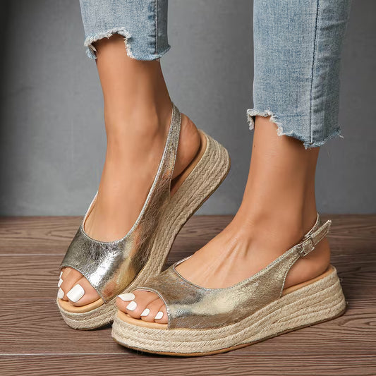 Women'S Wedge Sandals Summer New European And American Style Fish Mouth Back Strap Buckle Open Toe Comfortable Thick Bottom Sandals Straw Woven Hemp