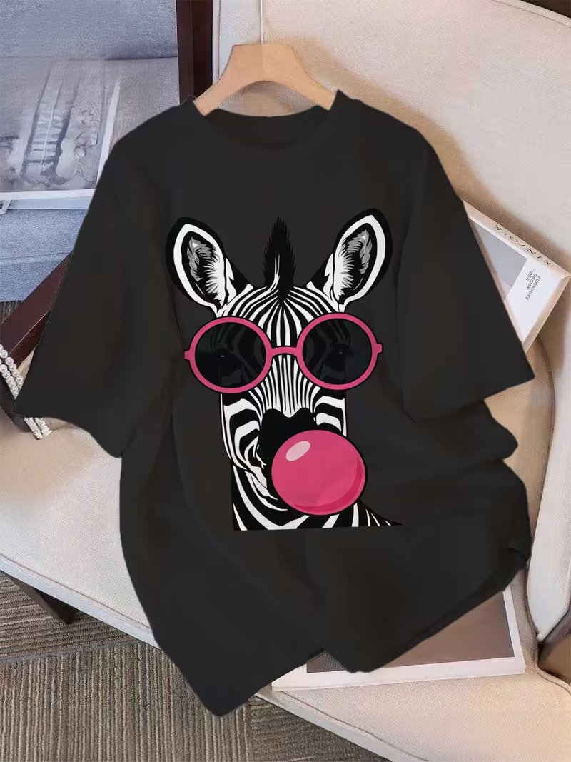 Women'S Summer  a Fun And Quirky Zebra Print, Featuring Glasses And Bubblegum Designs, Short-Sleeved Round Neck Pure T-Shirt