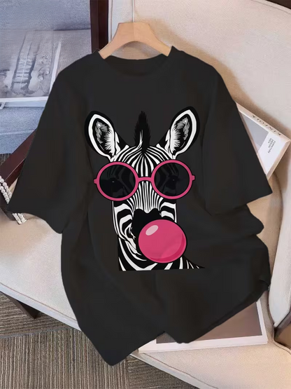 Women'S Summer  a Fun And Quirky Zebra Print, Featuring Glasses And Bubblegum Designs, Short-Sleeved Round Neck Pure T-Shirt