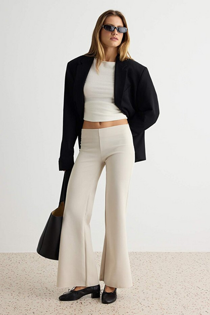 Stone Stretchy and Body-Hugging Fabric Flare Bell Leg Knitted Trousers