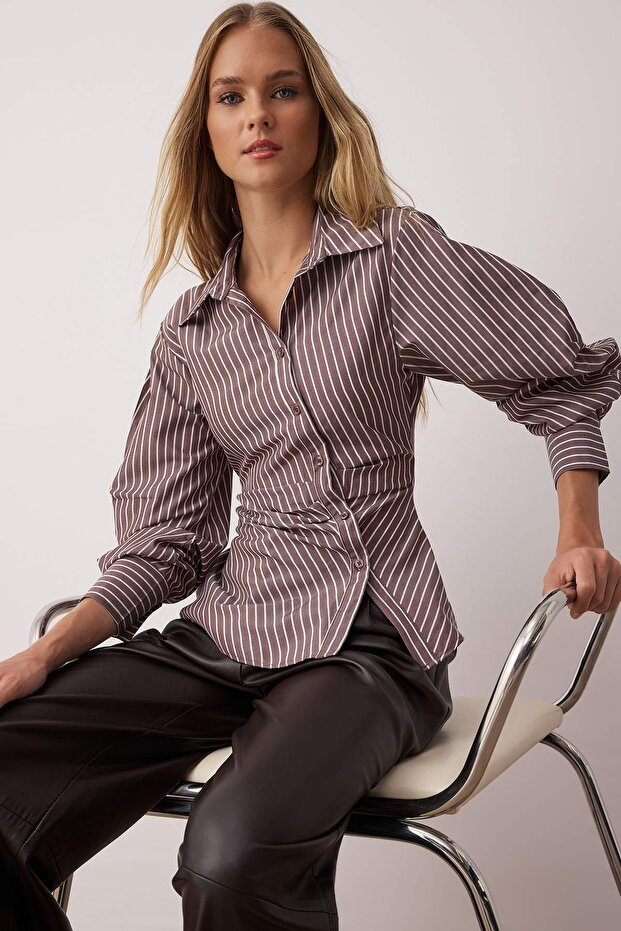 Brown Asymmetric Fitted Shirt with Balloon Sleeve Detail and Waistband