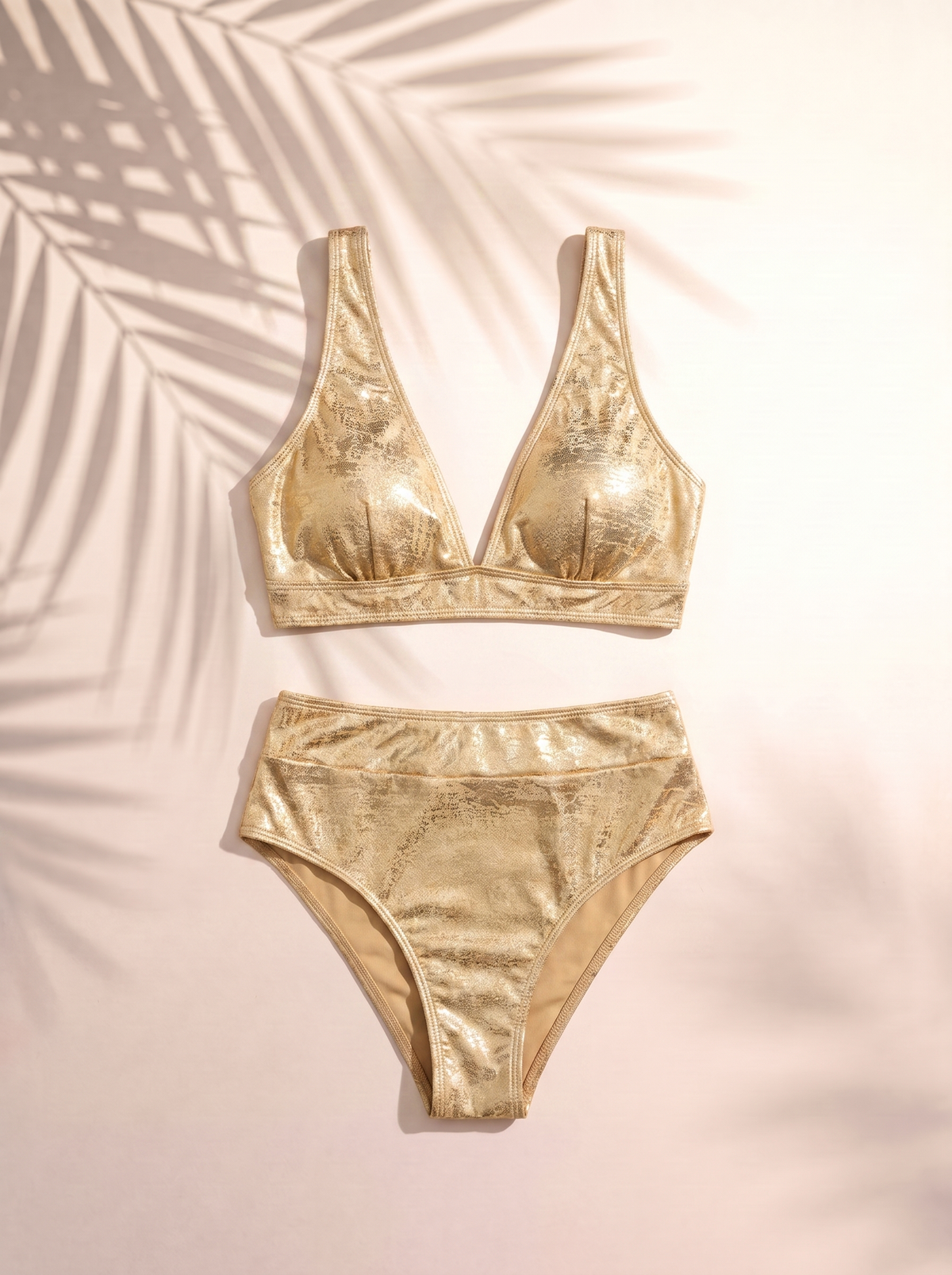 Metal Foil Golden Plated Bikini High-Waist Tummy Control 2pcs Swimsuit