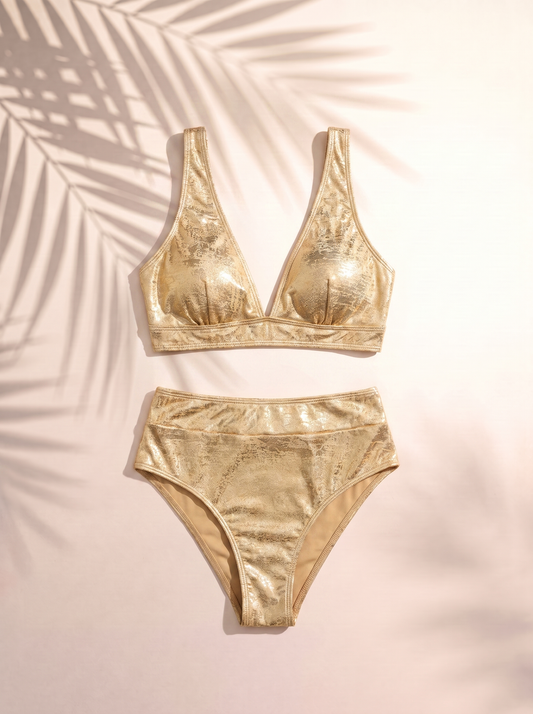 Metal Foil Golden Plated Deep V-Neck Wide Shoulder Strap Bikini High-Waist Tummy Control 2pcs Swimsuit