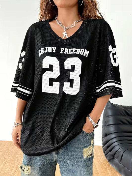Women's Casual Sports V-Neck Short Sleeve T-Shirt with "58.42cm Print, Vintage Jersey Style Women's Casual Sportswear