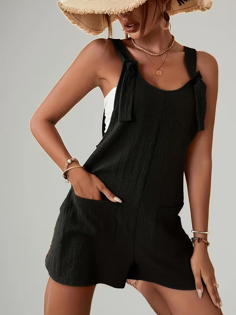 Solid Color Overalls, Casual Sleeveless Loose Shorts for Women