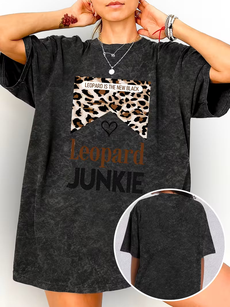 Leopard Junkie Leopard Print Slogan Short-Sleeved Black Gray Distressed Retro Round Neck T-Shirt