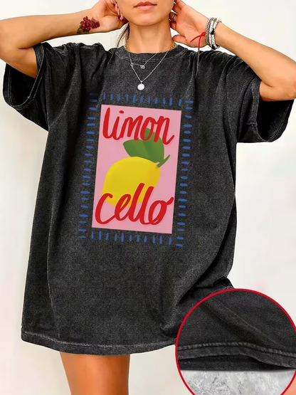 T-shirt Lemon Liqueur Inspired Vintage Pattern Print, Loose Drop-shoulder