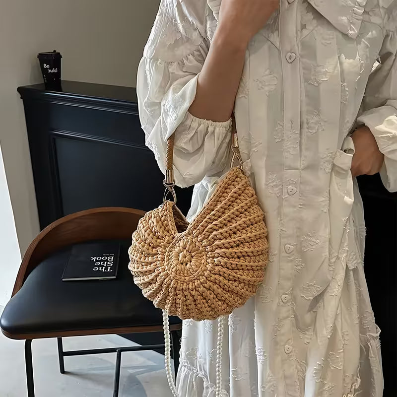 Handwoven Shell Tote Bag with Chain Strap