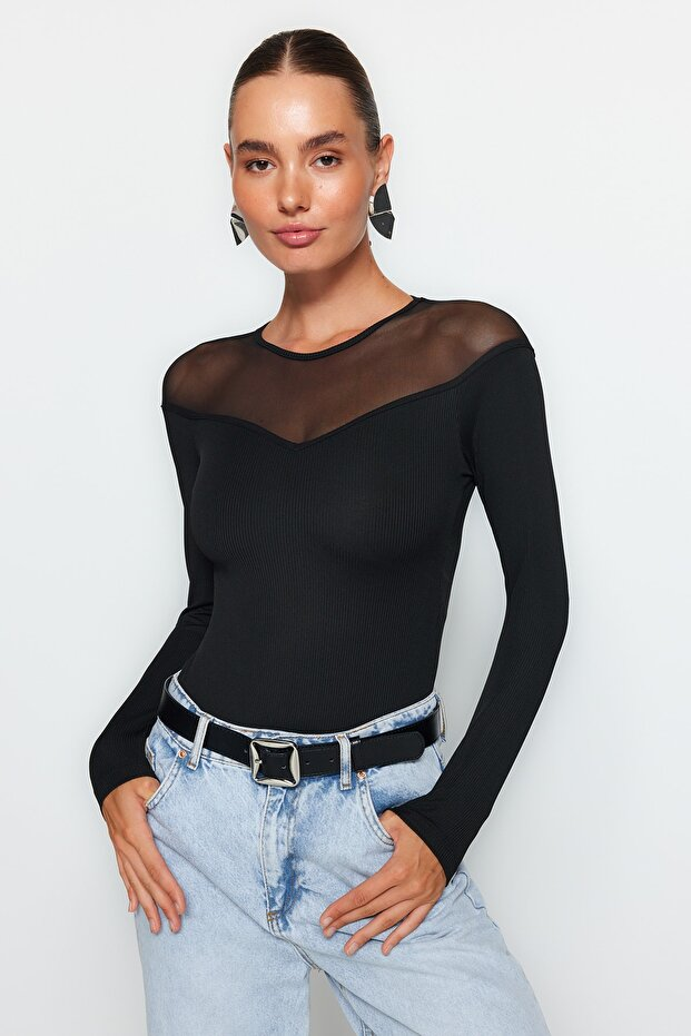 Black Slim Fit Tulle Detail Heart Neckline Bottom Snap Button Ribbed Stretch Knit Bodysuit