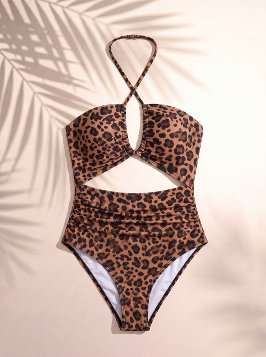 Summer New Women's Leopard Print Halter Neck Hollow-Out 1pc Beach Swimsuit