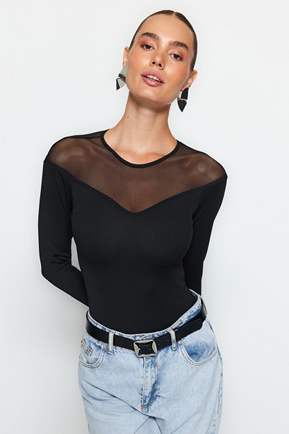 Black Slim Fit Tulle Detail Heart Neckline Bottom Snap Button Ribbed Stretch Knit Bodysuit