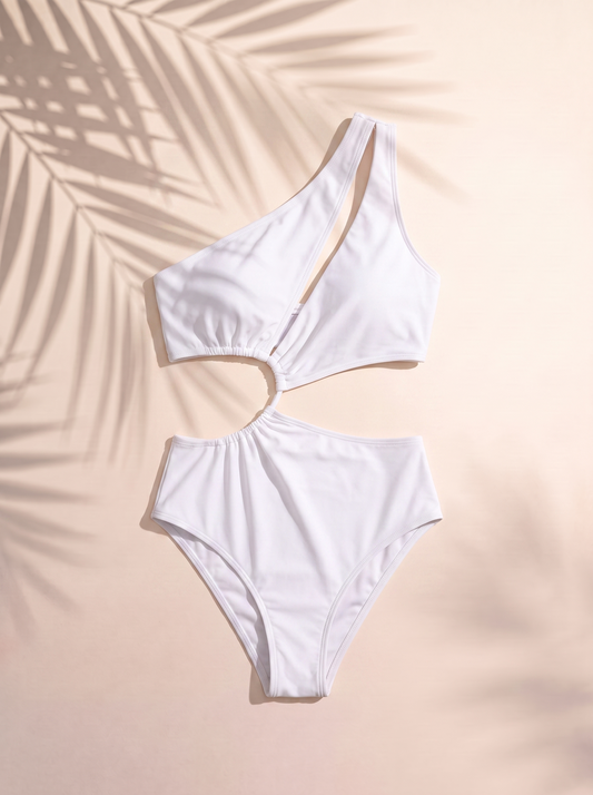 Ecru One Shoulder Cut Out/Windowed Swimsuit