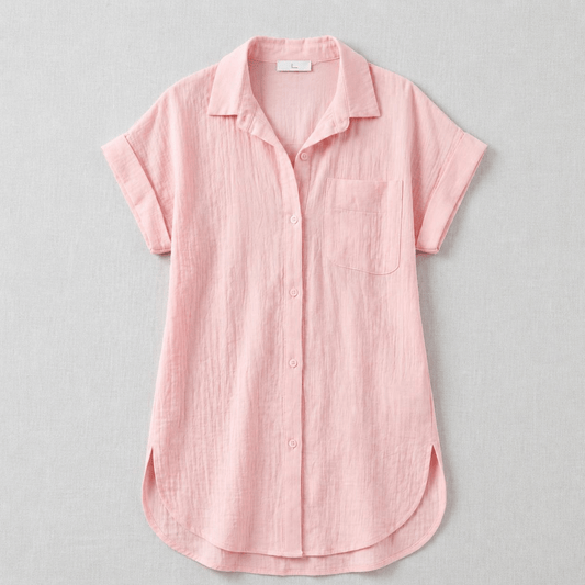Women's Solid Color Short Sleeve Shirt, Casual Mid-Length Cardigan with Lapels, Loose Fit