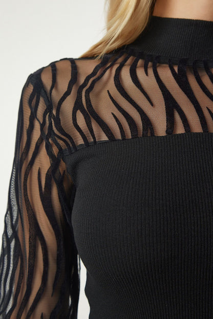 Women's Black Tulle Detailed Ribbed Knitted Blouse