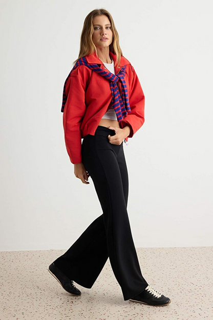 Black Stretchy and Body-Hugging Fabric Flare Bell Leg Knitted Trousers