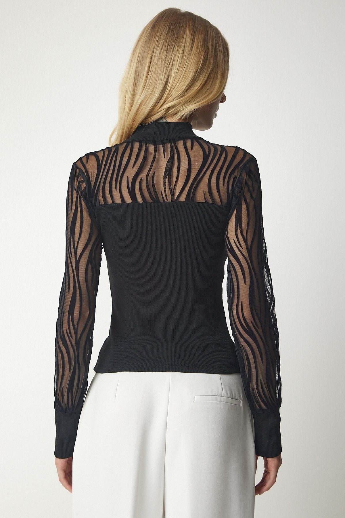 Women's Black Tulle Detailed Ribbed Knitted Blouse