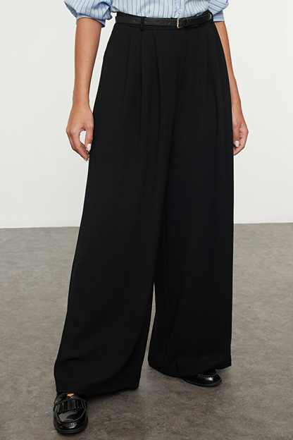 Black Belted Pleated Wide Leg/Extra Wide Leg Woven Palazzo