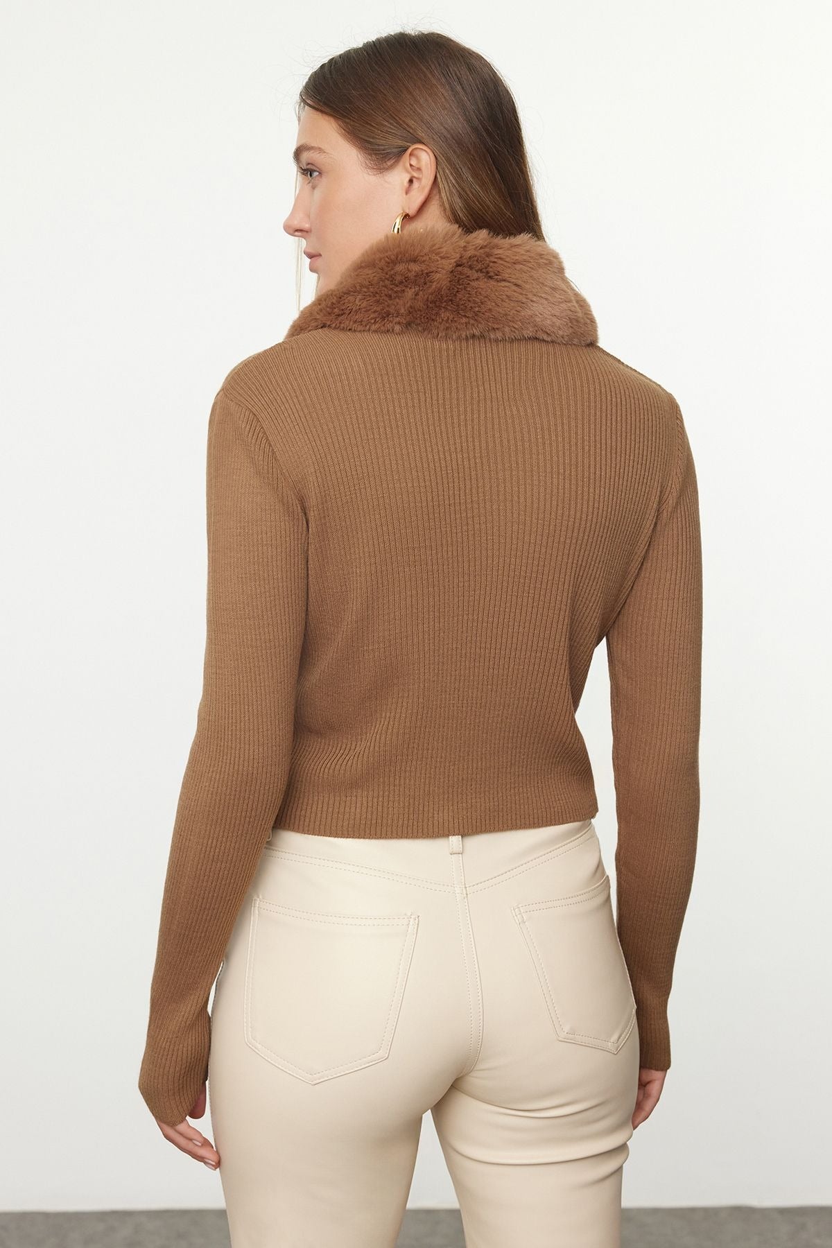 Mink Faux Fur Collar Tie Detailed Knitwear Cardigan