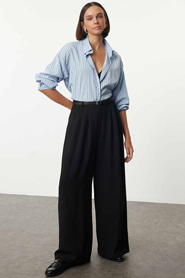 Black Belted Pleated Wide Leg/Extra Wide Leg Woven Palazzo