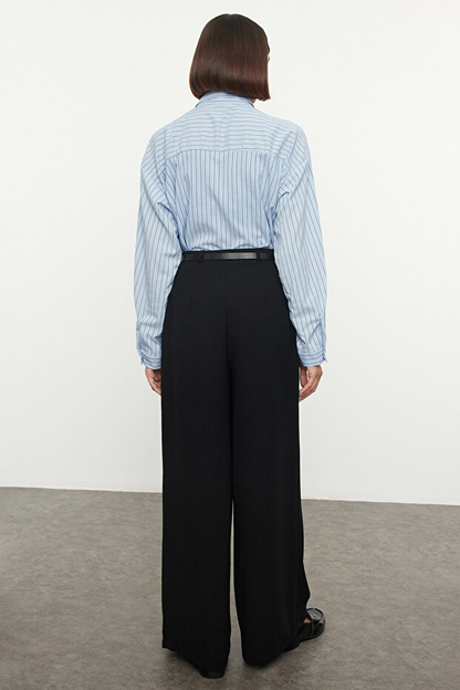 Black Belted Pleated Wide Leg/Extra Wide Leg Woven Palazzo