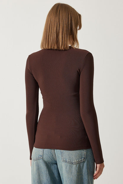 Women's Brown Cut Out Detailed Ribbed Knitted Blouse