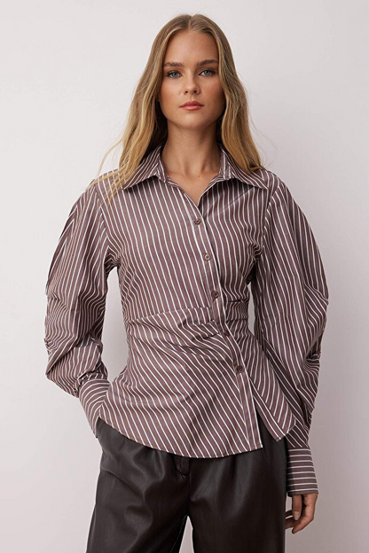 Brown Asymmetric Fitted Shirt with Balloon Sleeve Detail and Waistband
