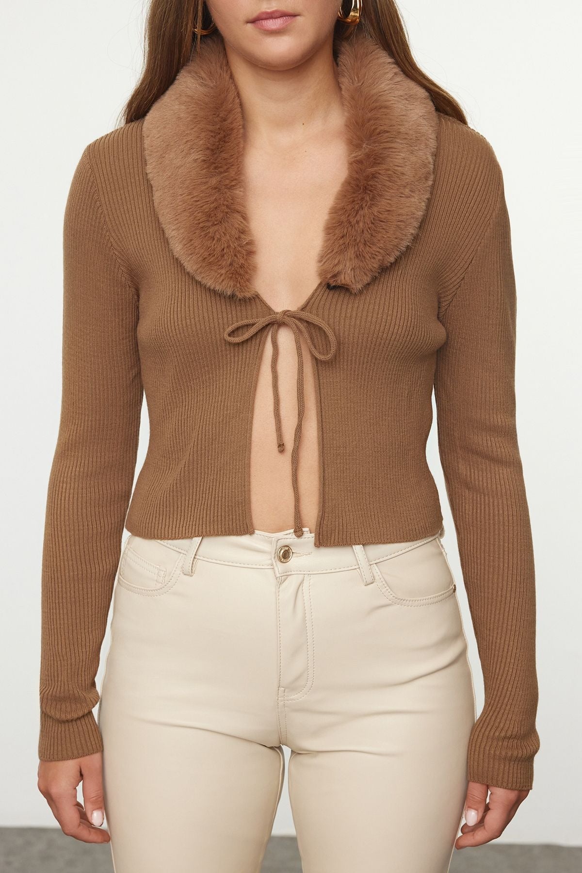 Mink Faux Fur Collar Tie Detailed Knitwear Cardigan