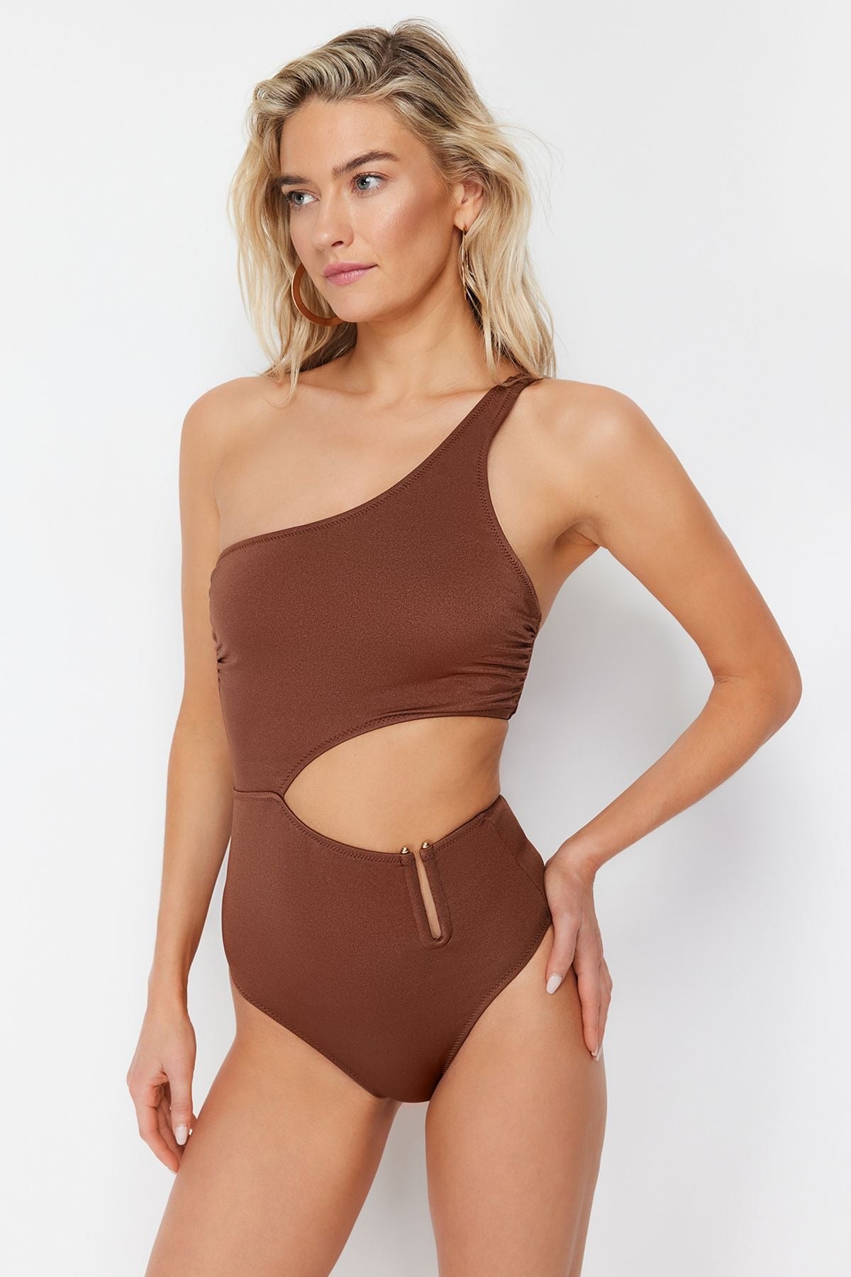 Brown One Shoulder Accessory Regular Swimsuit