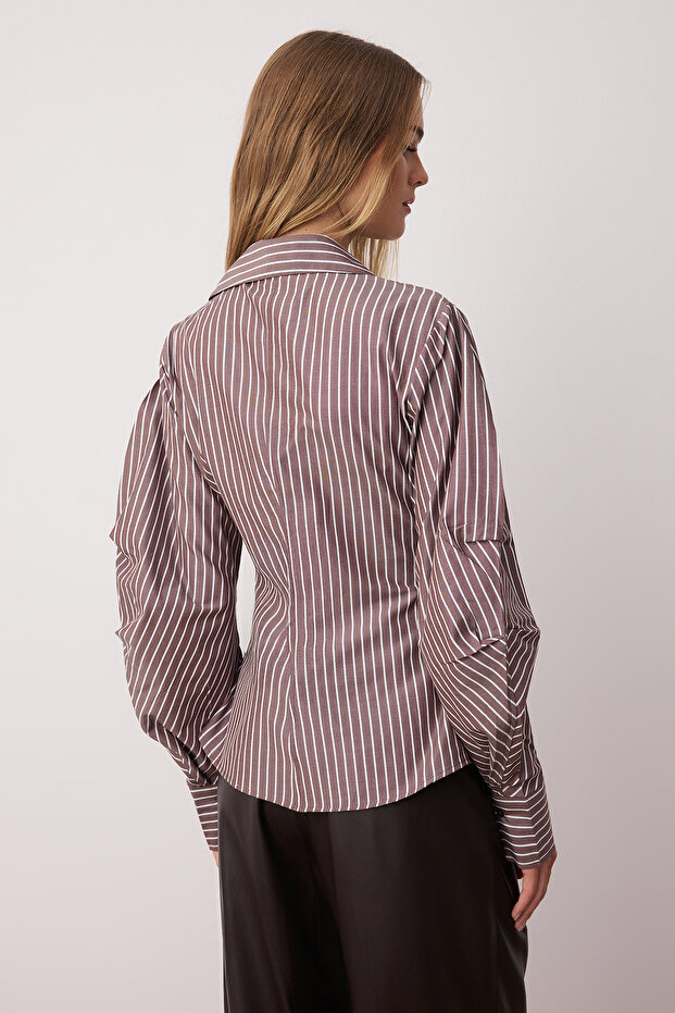 Brown Asymmetric Fitted Shirt with Balloon Sleeve Detail and Waistband