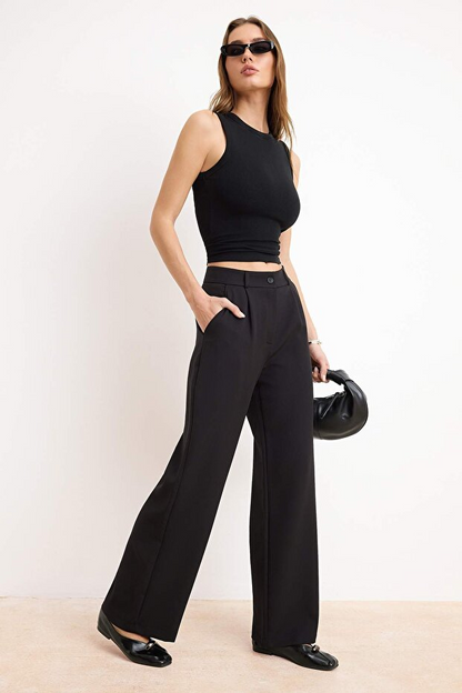 Black High Waist Wide Leg Pleated Woven Fabric Trousers