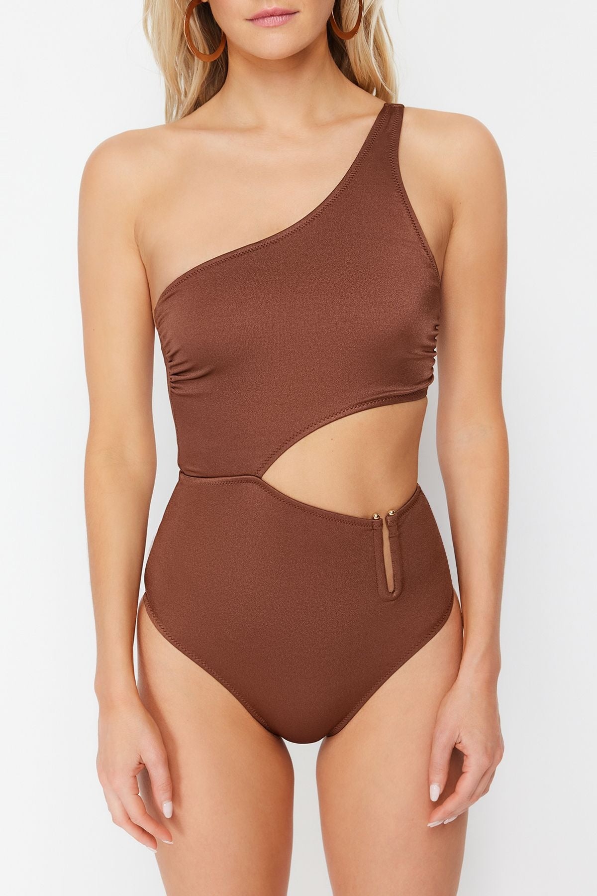 Brown One Shoulder Accessory Regular Swimsuit
