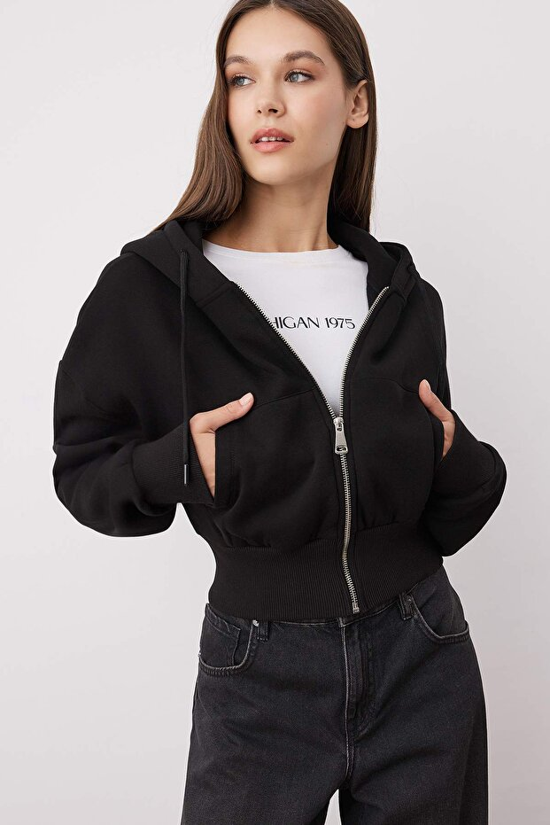Black Regular Fit Hooded Thick Fleece Lined Knitted Cardigan/Sweatshirt