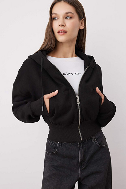 Black Regular Fit Hooded Thick Fleece Lined Knitted Cardigan/Sweatshirt