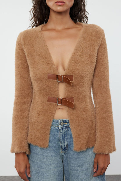 Mink Closure Furry Knitted Cardigan