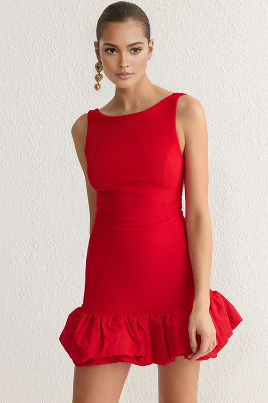 Red Balloon Skirt Detailed Inside Shorts Lined Woven Short Evening Night Graduation Dress