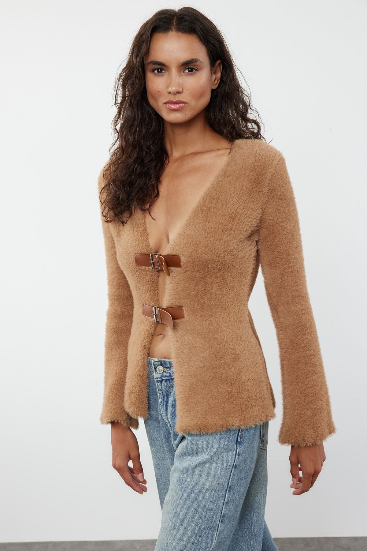 Mink Closure Furry Knitted Cardigan